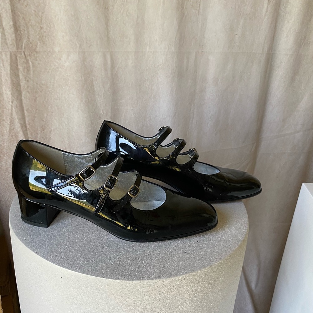 Carel Paris KINA Triple Strap Black Patent Leather Mary Jane Heels